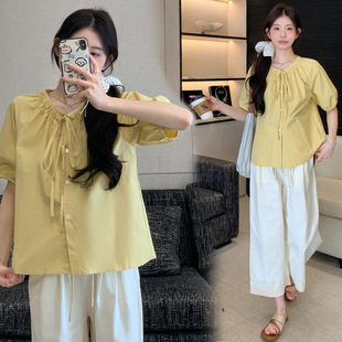 Real shot new 2025 short sleeve maternity dress solid color bubble sleeve design doll shirt