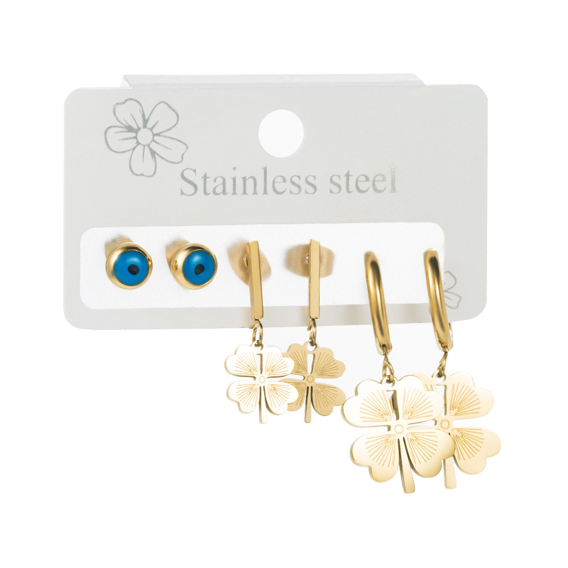 Fashion Four Leaf Clover Eye Titanium Steel Earrings Rhinestones Stainless Steel Earrings 3 Piece Se