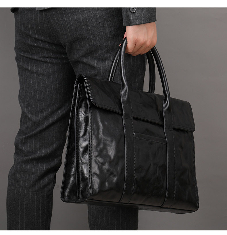 Cặp da nam Malute túi xách tay công sở da bò thật dung tích lớn đựng laptop 14 inch — Màu đen vân phẳng, Màu đen chi tiết 15