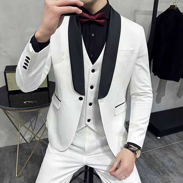 Green fruit collar white suit+trousers to send red bow tie
