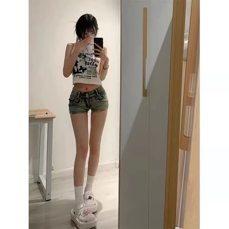 American Hot girl Liu Ding low waist Denim Super shorts women's spring and summer new slim slimming sheath wide leg hot pants fashion