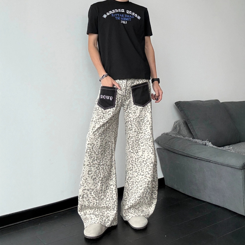 American Retro Leopard Print Patch Pocket Jeans Unisex Loose Street Style Lazy Wide-Leg Casual Pants