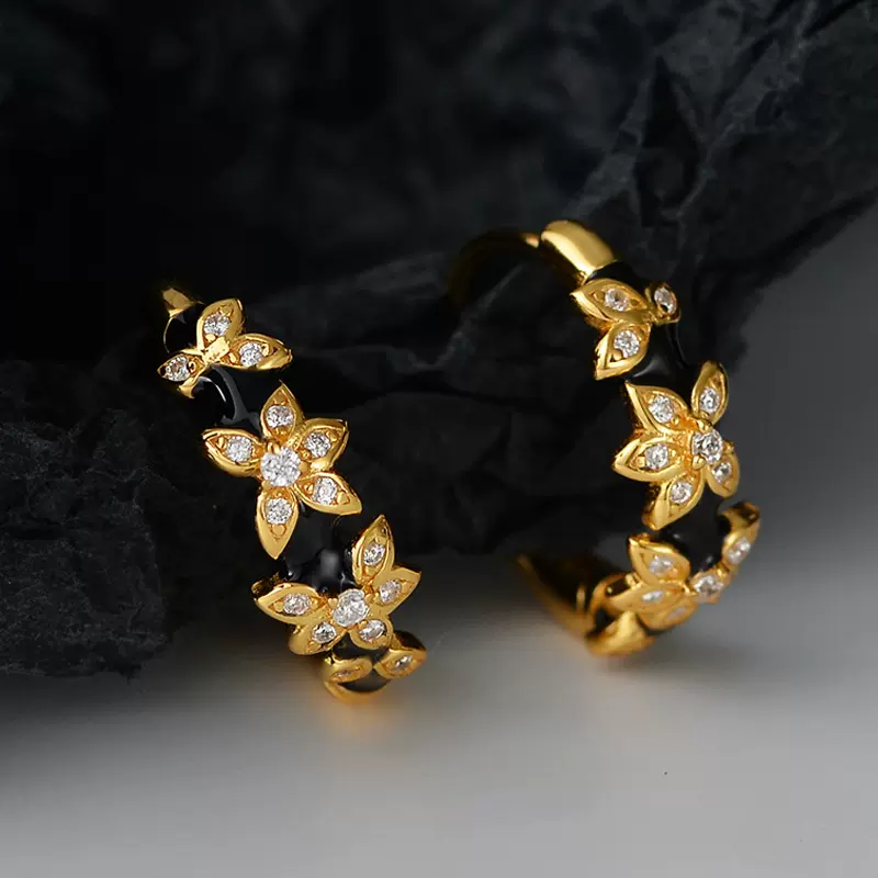 E6152 韩版小众设计感S925纯银镶钻花朵耳扣女时髦百搭珐琅耳环