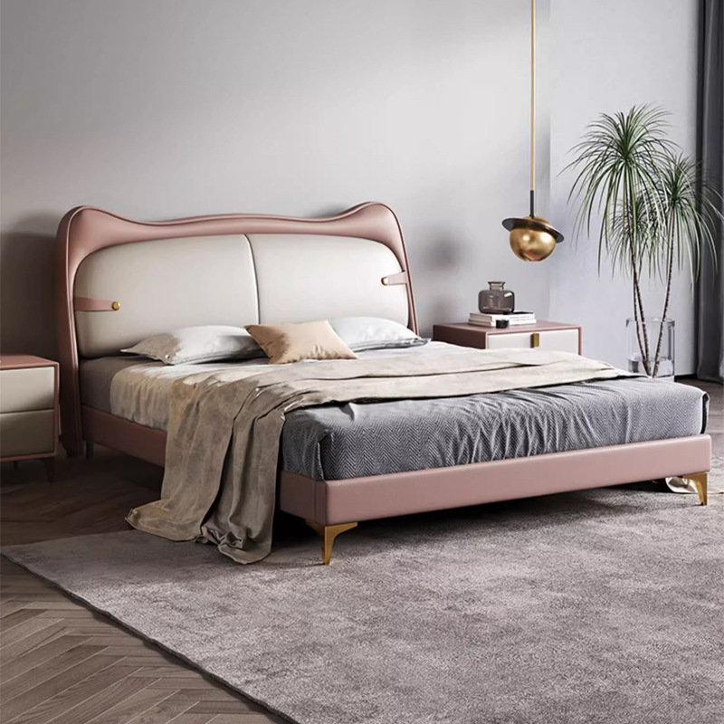 Cama infantil, cama de niña, cama de princesa, cama de orejas de gato moderna y simple con cajón de almacenamiento, cama de cuero de madera maciza pequeña