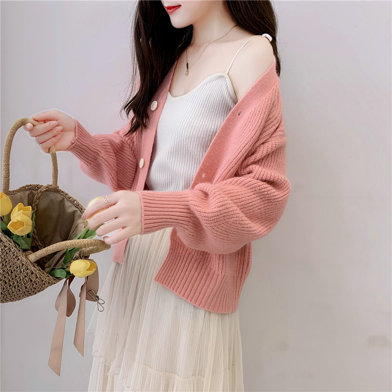 French V-Neck Candy Color Long Sleeve Cardigan Women's Loose Knit Sweater Coat Casual Elegant Outerwear_ecoleips.com