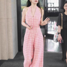 蔡文静同款粉色格子连体阔腿裤女高级感2023夏季新款挂脖马甲上衣