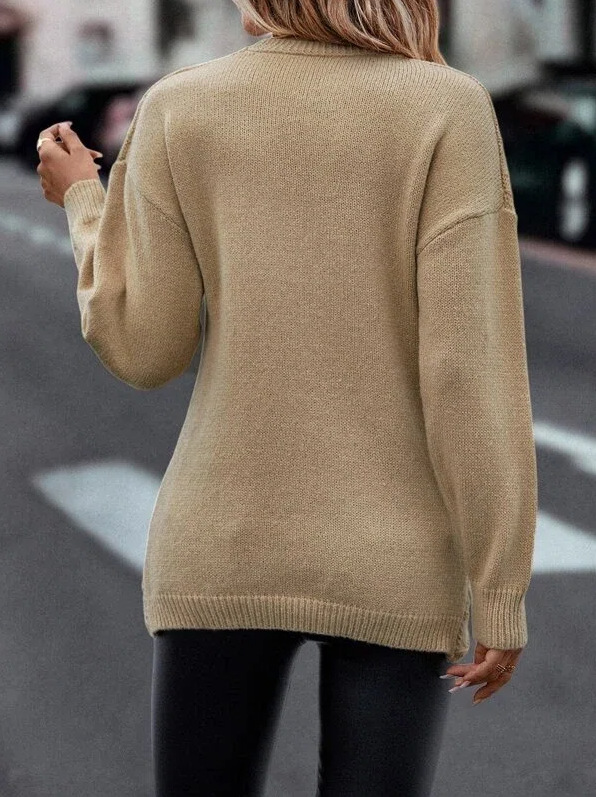 Suéter casual de color liso de manga larga con cuello en V cruzado en jacquard NSNHYD139632
