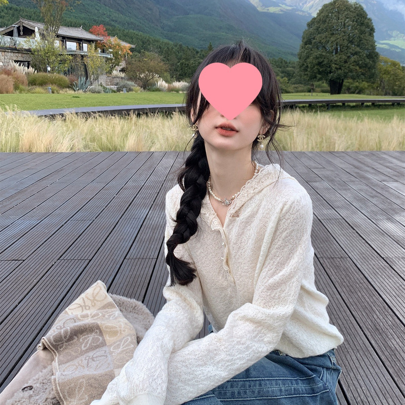 Miss Chipmunk Layered Hoodie with Lace Mesh White Inner Hooded Sweater Top for Women