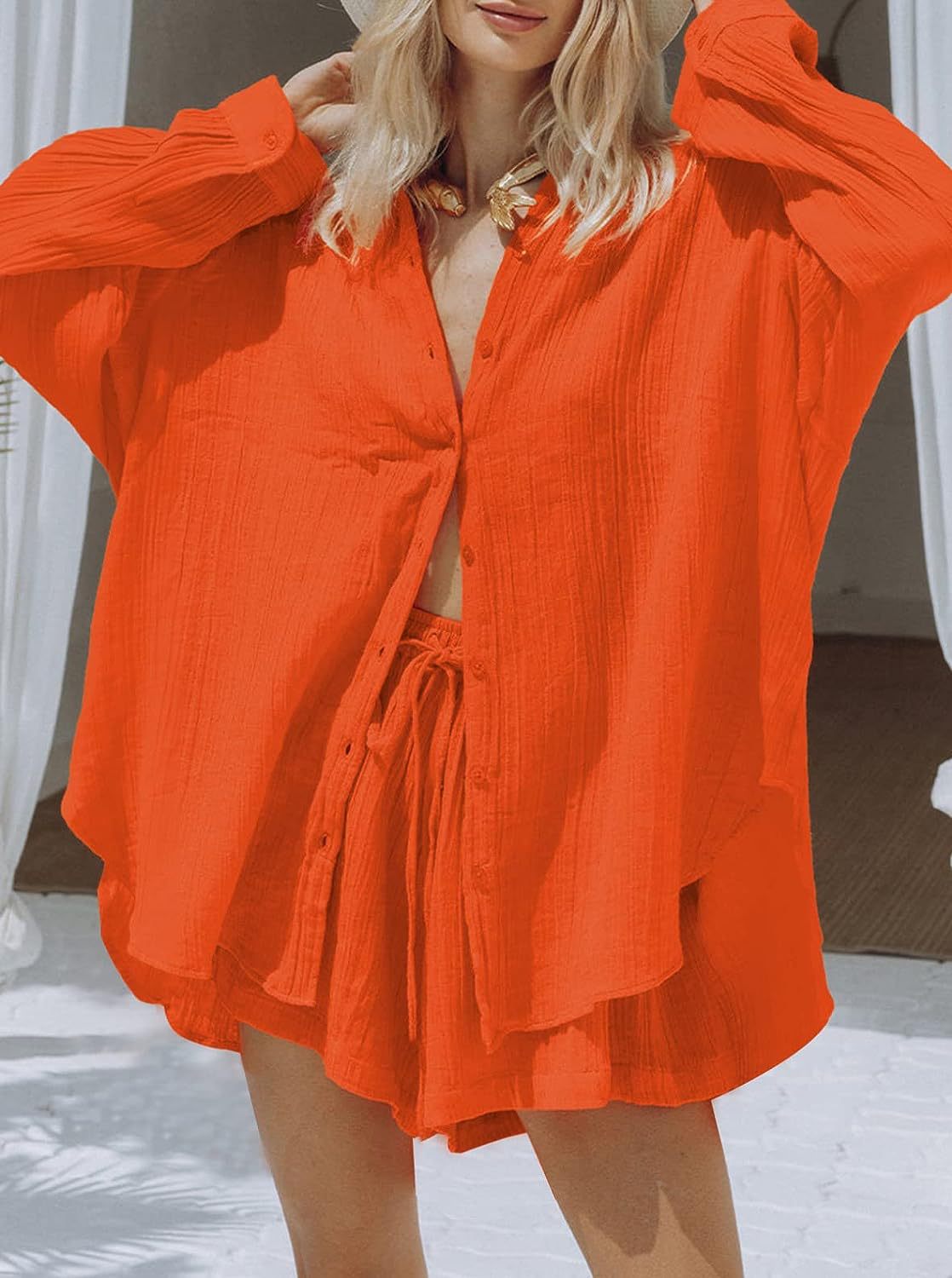 European American Style Women's Casual Two-Piece Set 2023 Summer New Long Sleeve Shirt Top And Shorts Sports Suit_ecoleips.com