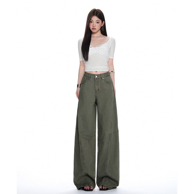 Elegant military green work pants, pure cotton, women's straight loose fit, deconstructed design, casual wide-leg pants Elegant military green work pants, pure cotton, women's straight loose fit, deconstructed design, casual wide-leg pants