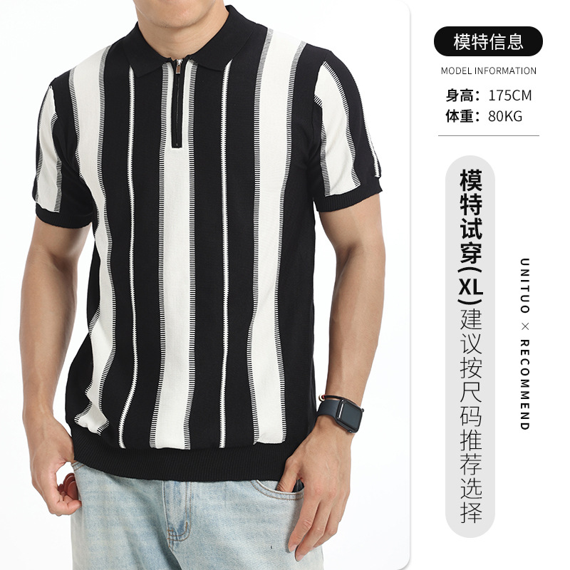 Verano Europa y América rayas verticales hielo tejedido polo camisa de hombre manga corta semia cremallera solapa contraste de color hombre de negocios