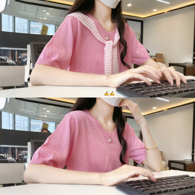 Pink Round Neck Striped Shawl Ice Silk Short-Sleeved T-Shirt for Women 2025 Summer New Dopamine Unique Beautiful Top