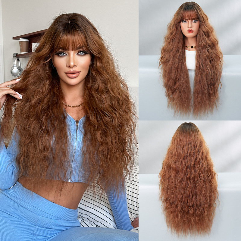 Cross-Border Brown-Red Extra-Long Wig Full Headband Large Wavy Curly Hair Daily Fluffy Rose Net High-Quality Wig