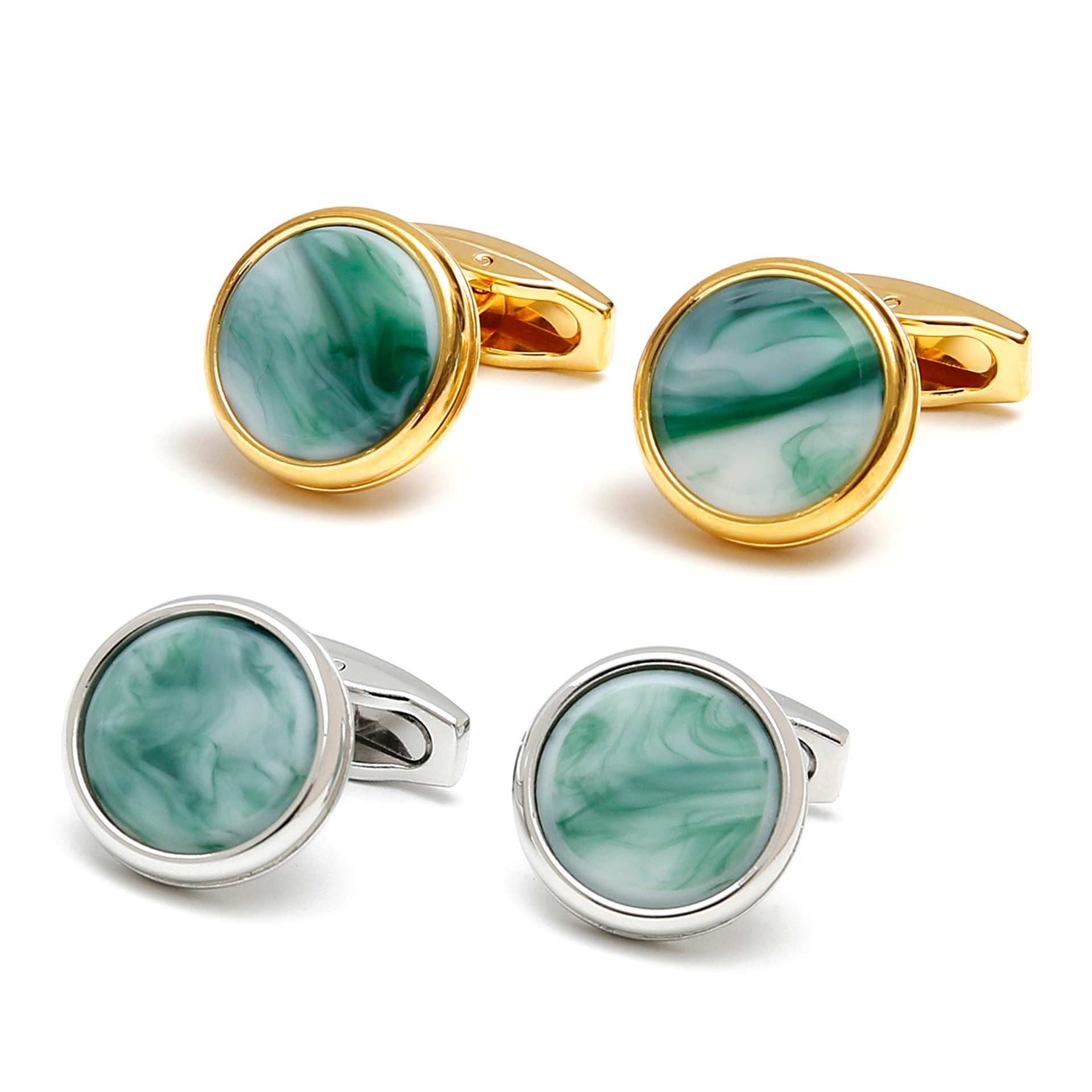 Metal Jewelry in Stock, Cross-Border Simple and Sweet Jade Pattern Round Men's Shirt Cufflinks, 1 Pair for Delivery
