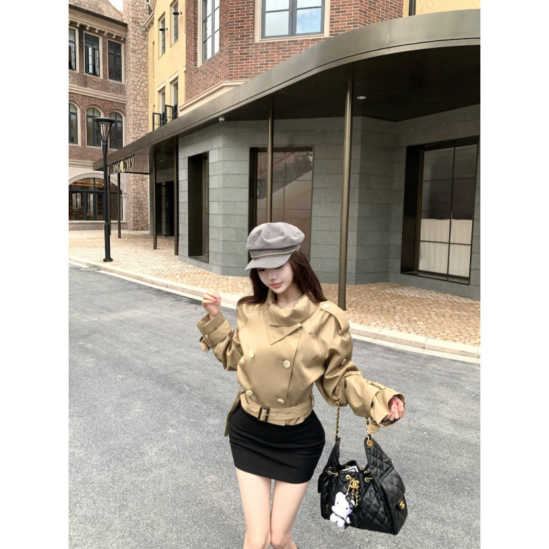 英伦风长袖双排扣立领风衣高级感收腰短外套女上衣|undefined