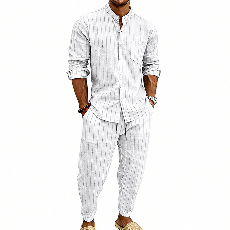 Transfronterizos primavera y otoño hombre deportivo a rayas verticales camisa casual de manga larga cardigan a rayas transpirables pantalones de dos piezas