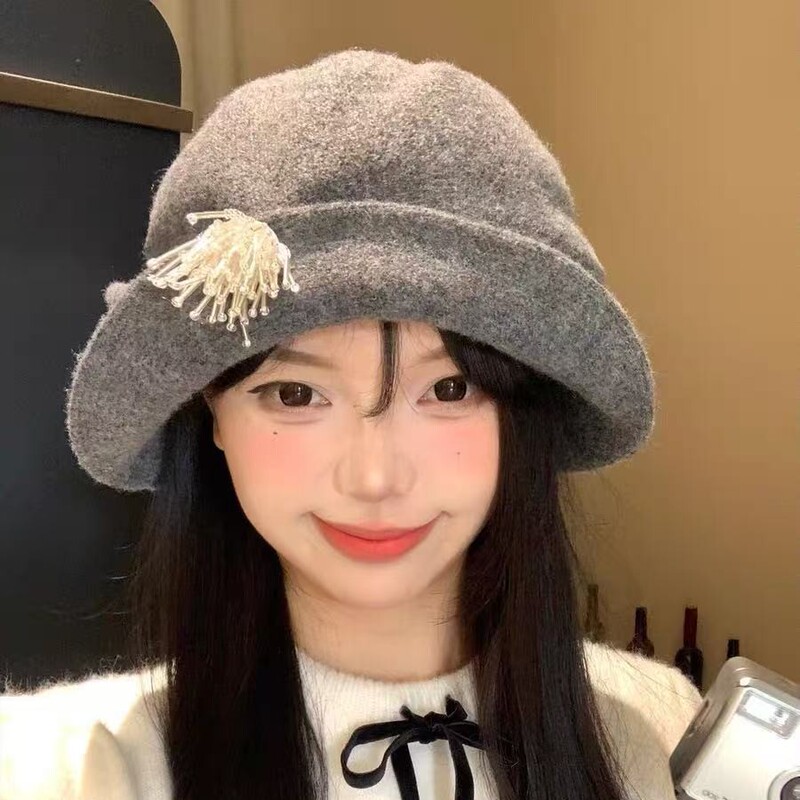 批发翻边毛呢渔夫帽女秋冬韩版显脸小百搭水桶帽法式大头围礼帽子|undefined