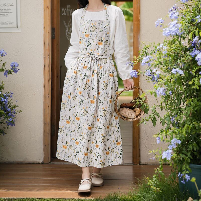 Korean-Style Printed Apron, Japanese Mori Girl Floral New Dress, Artistic Loose Adjustable Mid-Length Dress