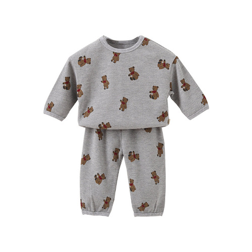 Newborn baby clothes waffle round neck sweatshirt two-piece set spring new baby cotton spring clothing children's suit