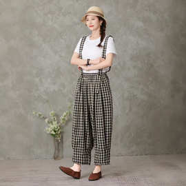 棉麻薄款格子印花松紧腰哈伦裤2025夏季新款九分休闲可拆卸背带裤