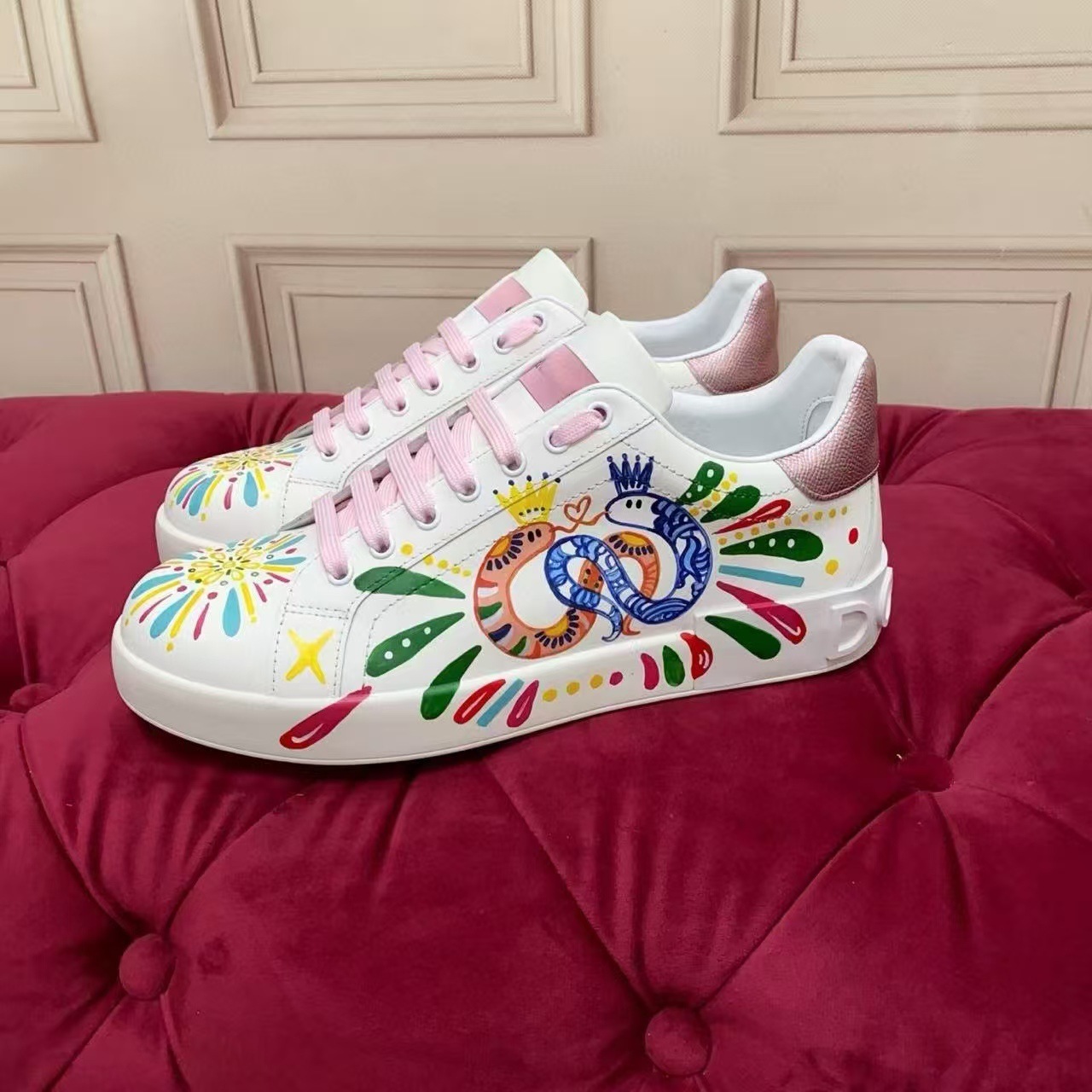 Painted fashionable trend sports sneakers with shoelaces for leisure, spring 2025 model, for beloved, round toe