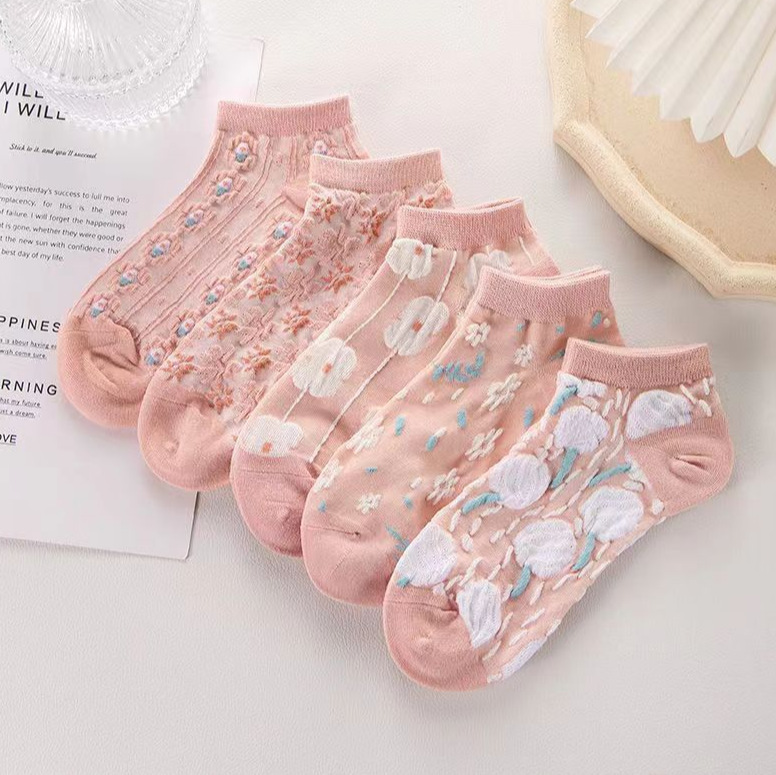 5 pares de calcetines para el cabello, transpirables y absorbentes de sudor para mujer, calcetines delgados con letras de dibujos animados, calcetines con lazo, malla de verano