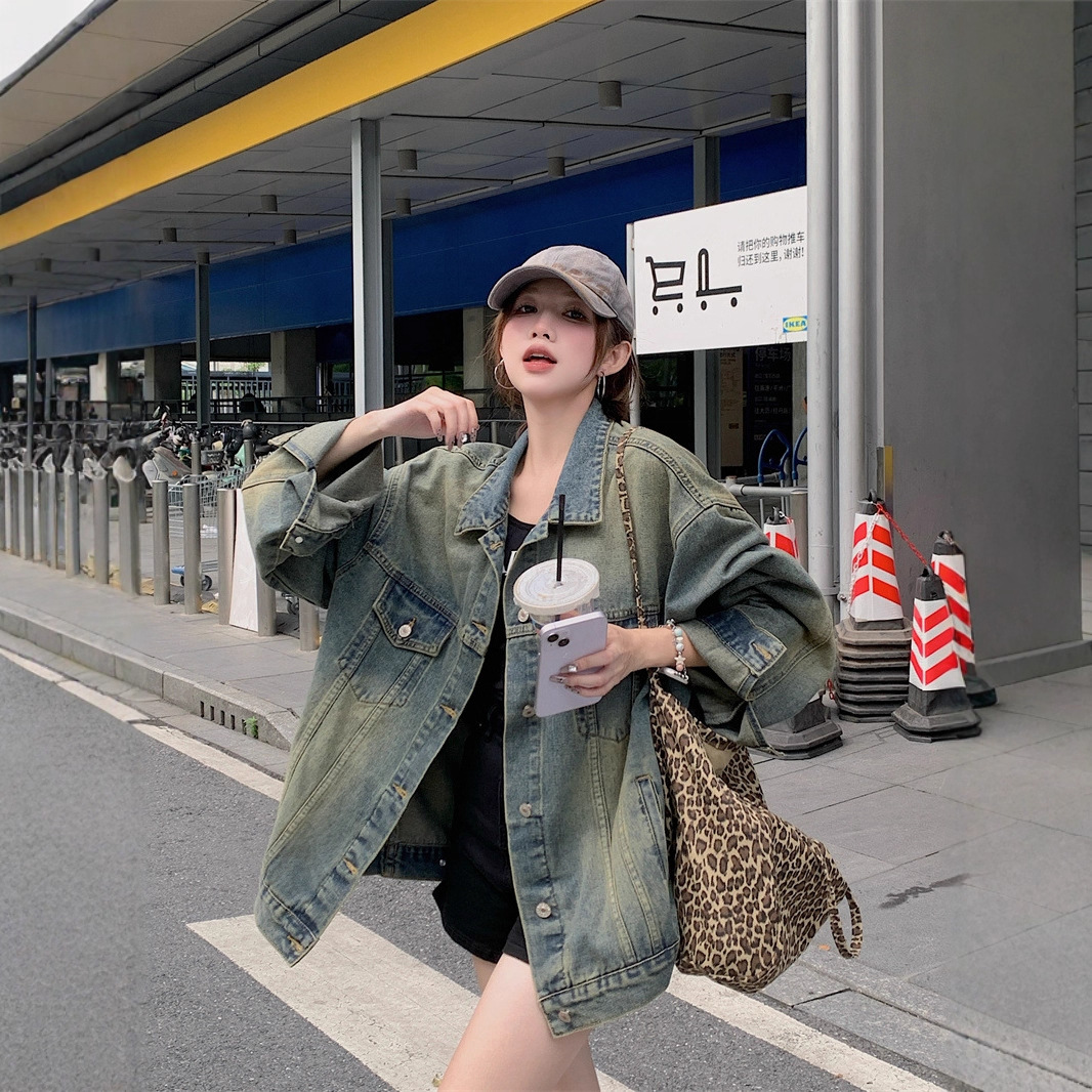 Washed Retro American Denim Jacket for Women High Street Fashion Brand Couple Jacket for Women 2025 Spring & Fall Korean Style Versatile Jacket