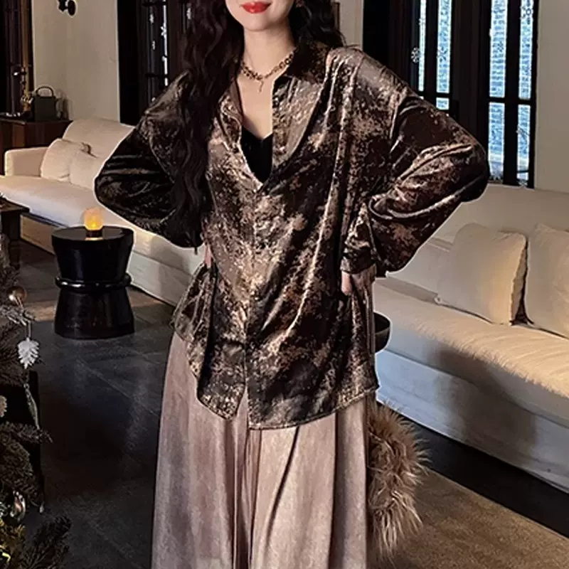 现货【拂晓】国风新中式丝绒印花衬衫女上衣内搭感轻奢潮