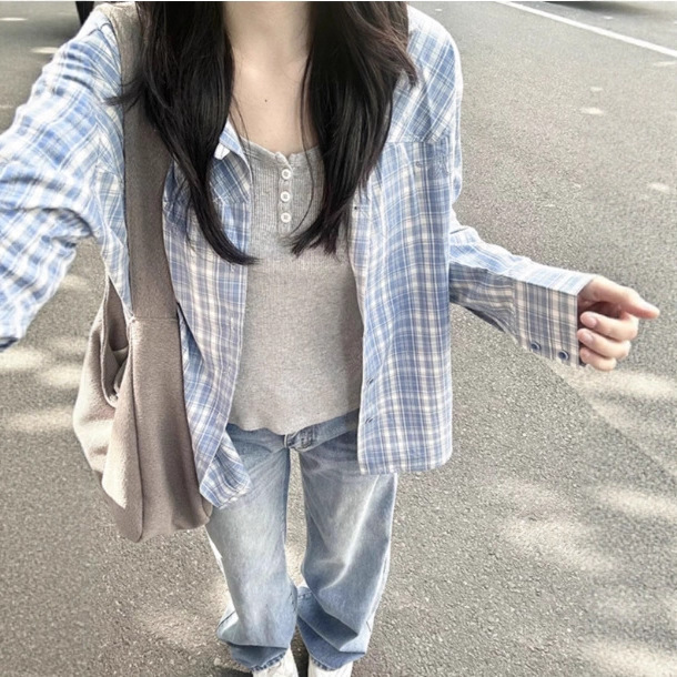 Korean Retro Casual Plaid Shirt 2025 Spring and Summer New Style Lapel Long-Sleeved Loose Sun Protection Shirt Shirt Jacket