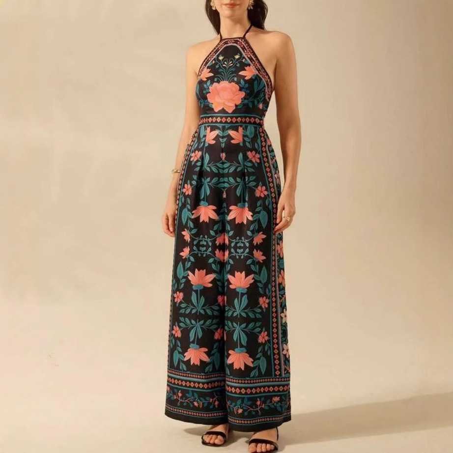 Sexy Printed Sleeveless Halter Neck Wide Leg Jumpsuit European American Style for Women Cross Border Independent Website_ecoleips.com
