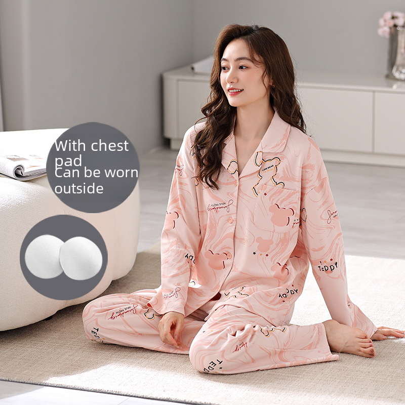 가슴 패드가 달린 다양한 잠옷, 여성용 가디건, 순면 긴팔 슈트, 밖에서도 입을 수 있는 라지 사이즈, 심플한 라펠 홈복