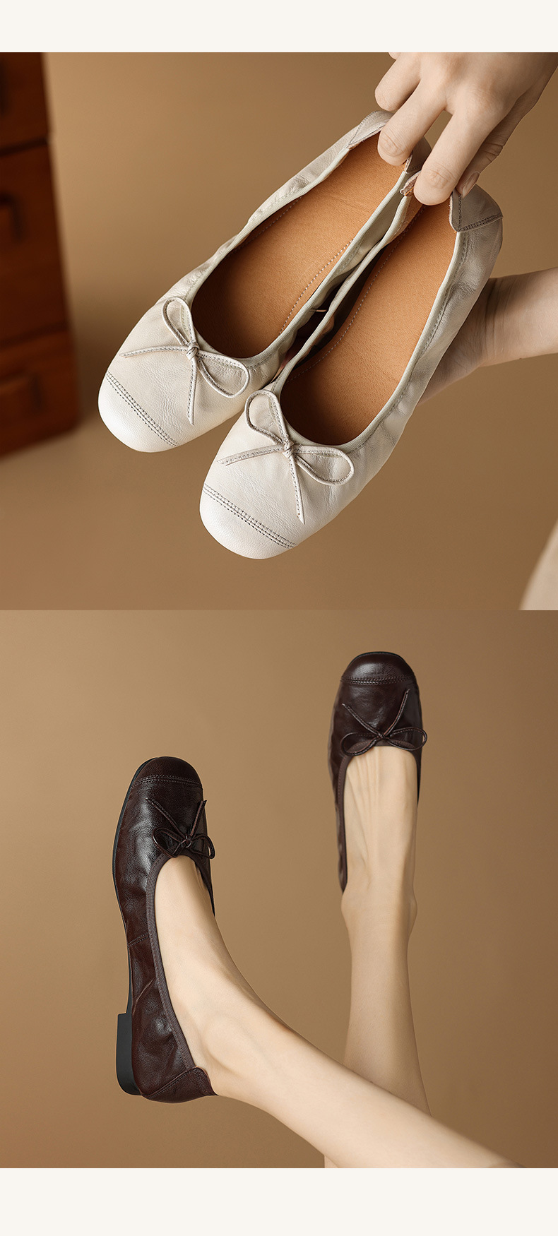 Giày ballet nữ mũi tròn đế bệt da cừu mềm nơ bướm — Màu nâu chi tiết 11