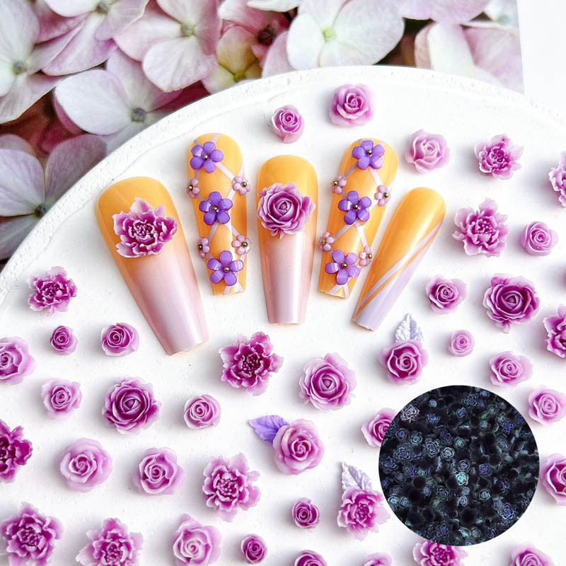Wholesale luminous live hot purple rose rose nail jewelry simulation flower nail material package