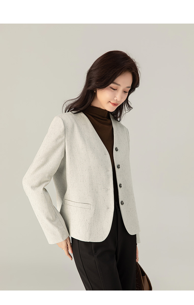 Áo blazer ngắn cổ V dáng nhỏ nhắn tay dài — Màu xám be chi tiết 22