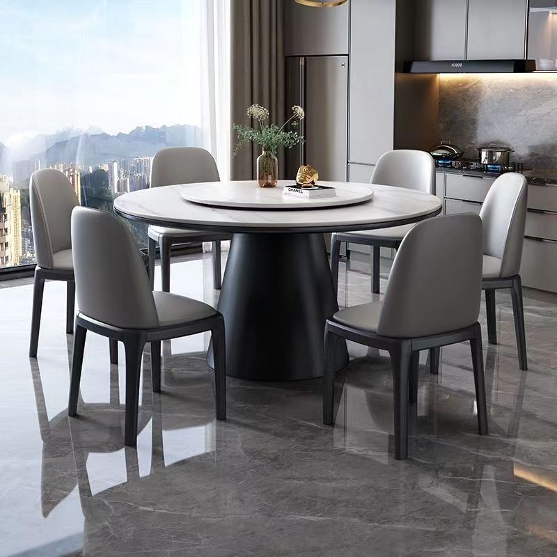 Mesa y silla de comedor de tabla de roca, mesa redonda combinada, mesa giratoria de lujo moderna y simple, mesa de comedor de horno electromagnético de madera maciza