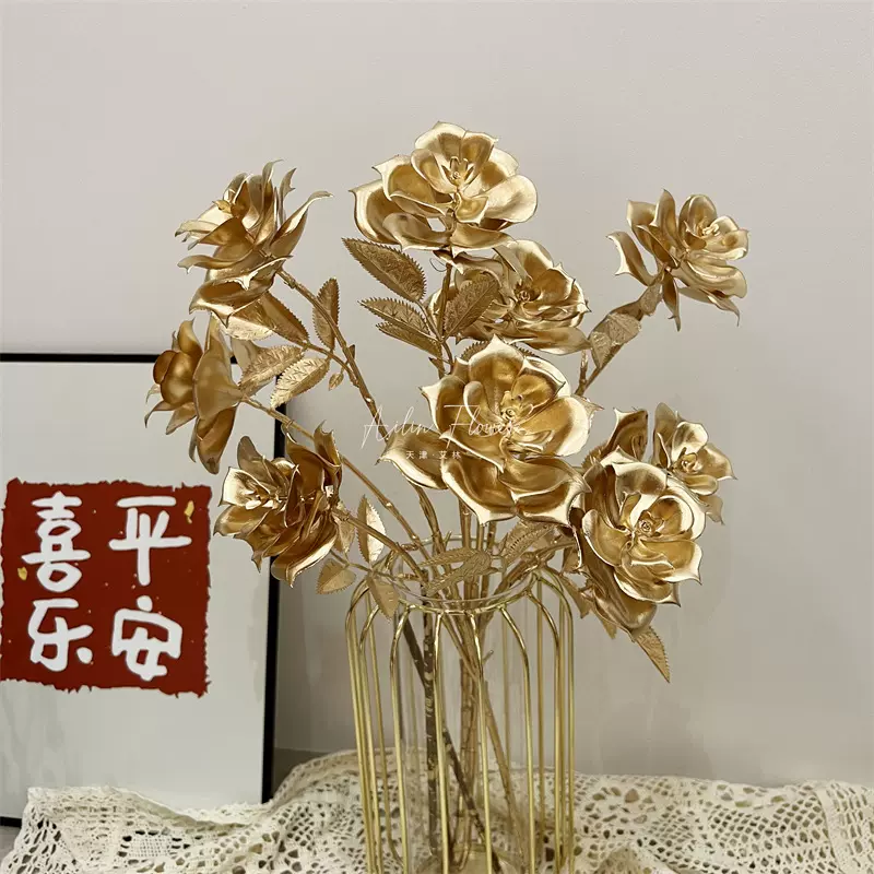 新款3头金色玫瑰花 仿真花塑料年宵花福桶春节喜庆装饰叶子尤加利