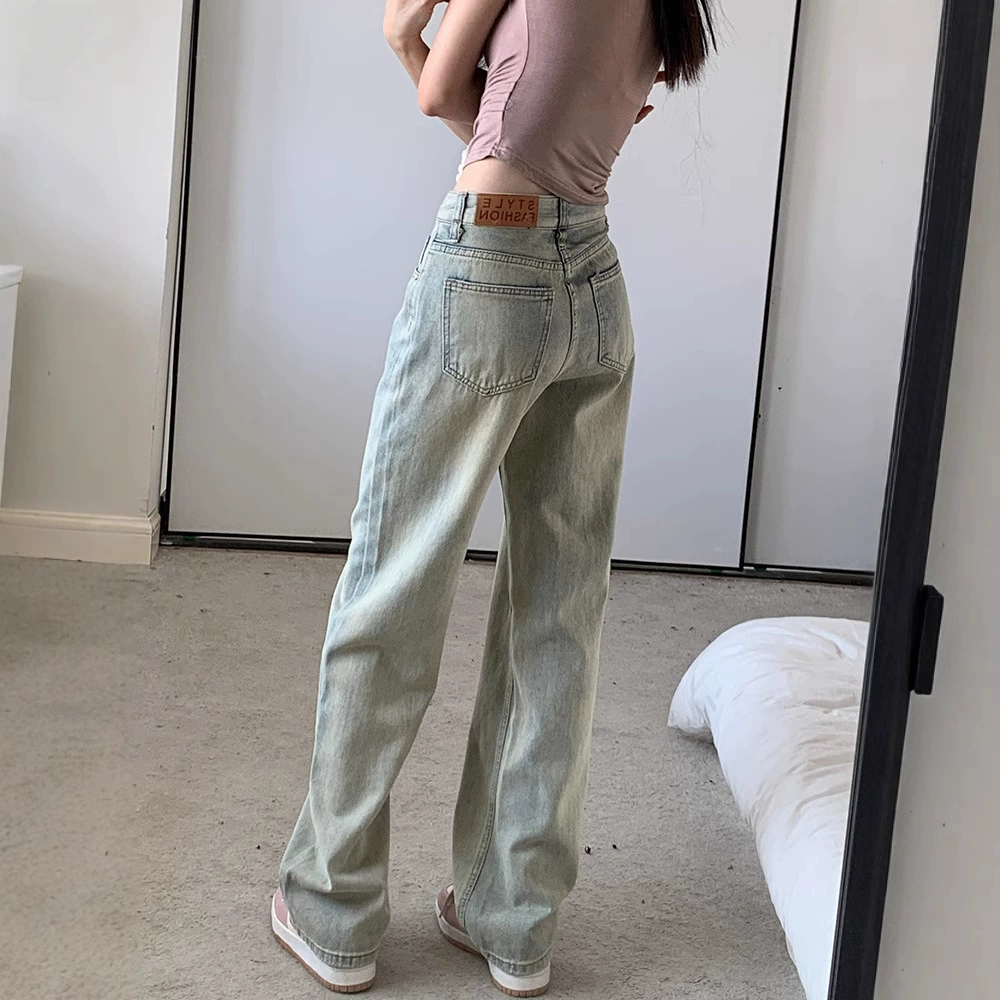 Американский ретро высокая улица желтая грязь узкая версия широкие джинсы женские светлые свободные прямые талии тонкие