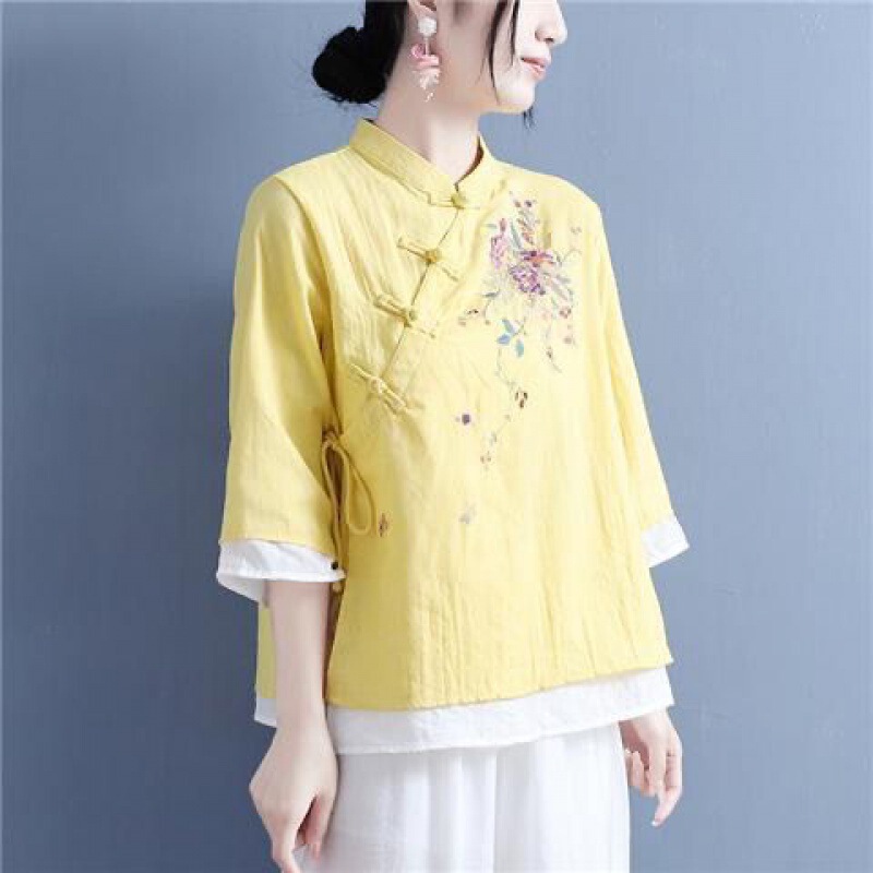 Chinese Vintage Embroidered Cotton and Linen Shirt with Slant 2024 Button New Arrival Cropped Top Chinese Style Collar Tea Clothes