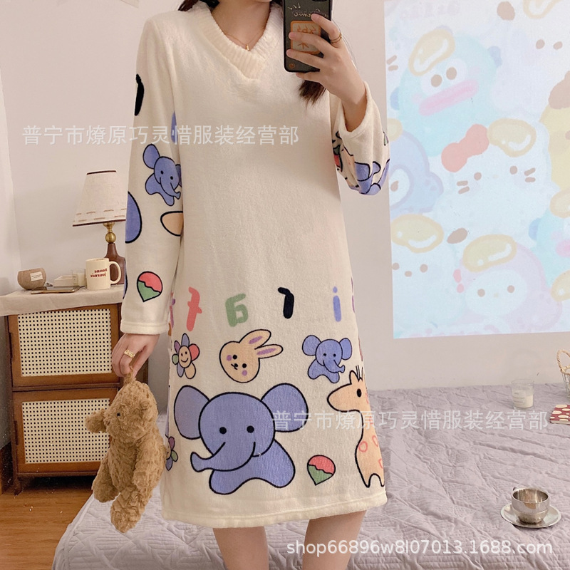 Pijamas de mujeres otoño invierno de franela lindo dibujo animado 2024 nuevo coral de lana gruesa falda cálida ropa para el hogar