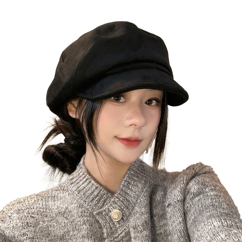 日系复古麂皮绒褶皱贝雷帽女大头围云朵八角帽显脸小画家帽子|undefined