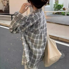日系防晒格子长袖衬衫女春秋新款复古休闲慵懒风宽松上衣