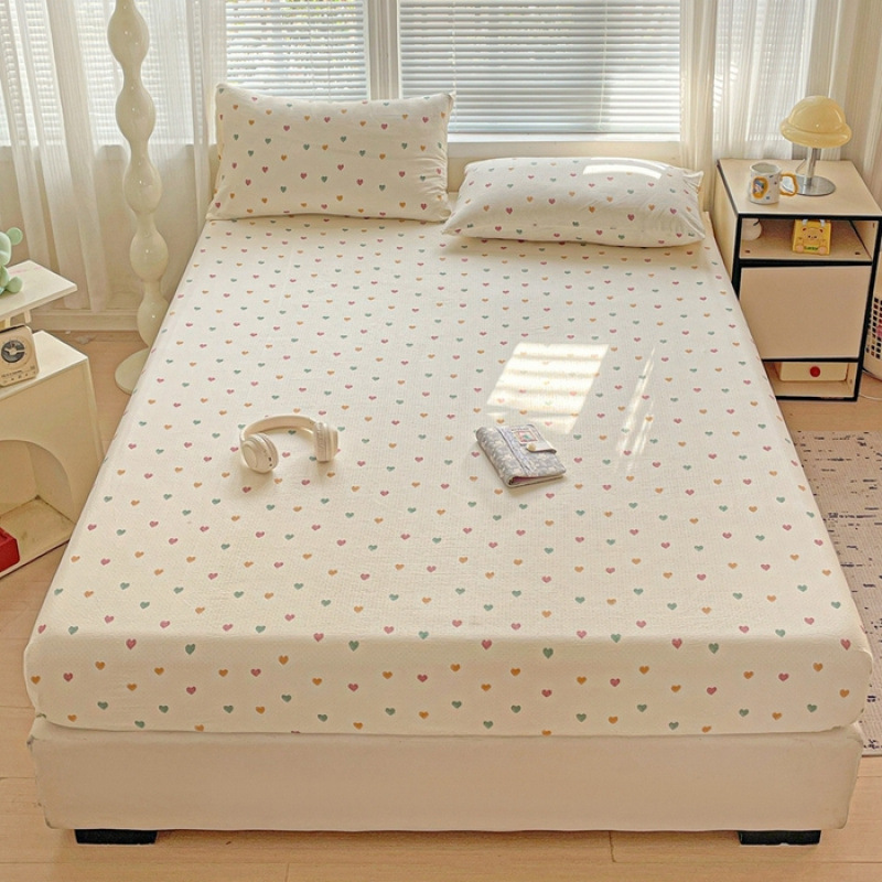 New Class a Maternal and Infant Grade Ins Small Fresh Kapok Double-Layer Yarn Printed Bed Sheet Mattress Protector Pillowcase Three-Piece Set