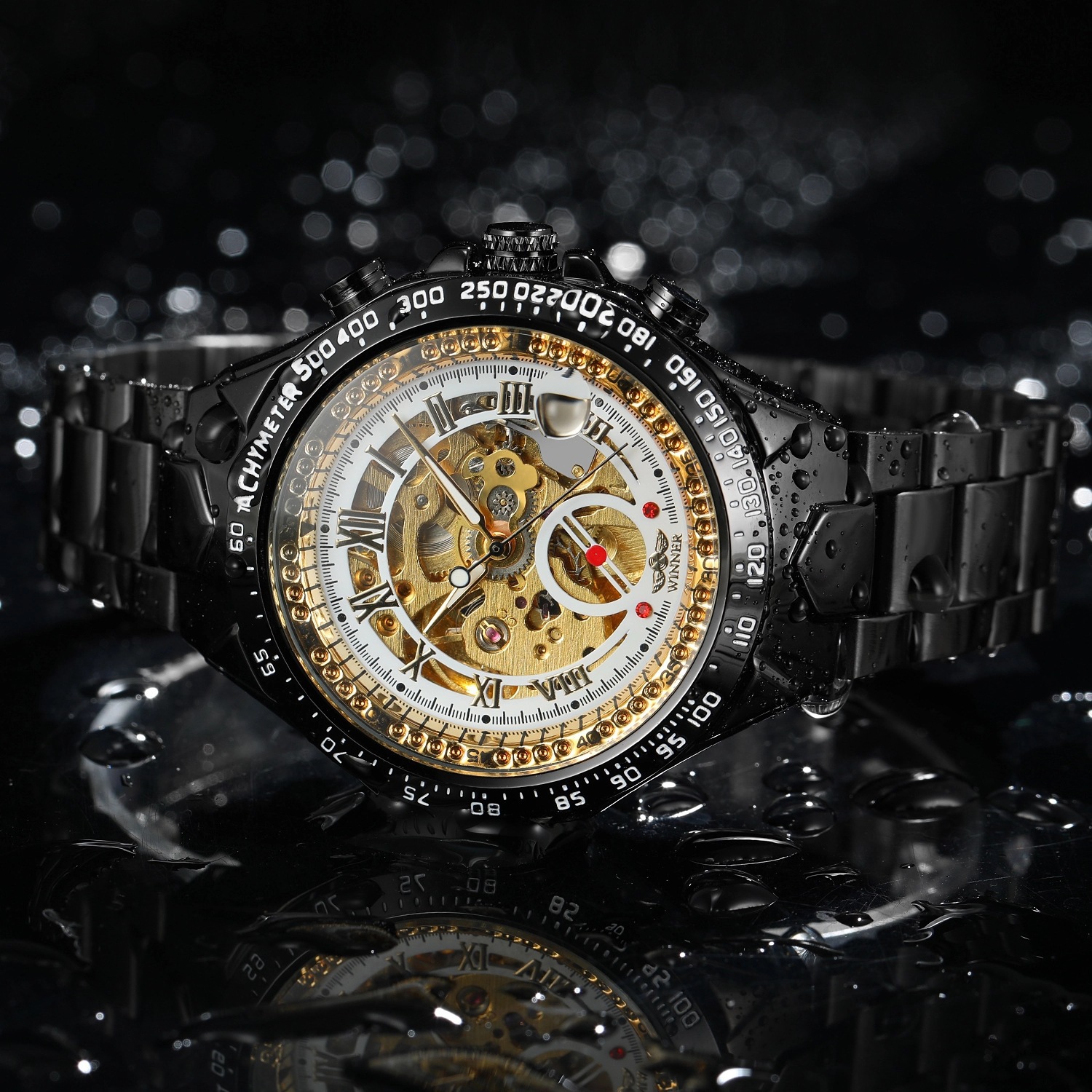 Men's Automatic Skeleton Watch Gold Tone Mechanical Wristwatch_voghion.com