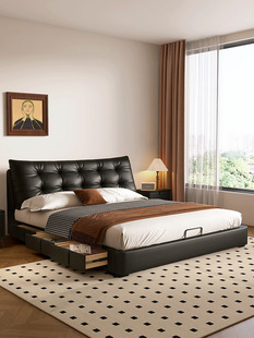 Large Black Bear Leather Bed French Retro Master Bedroom Double Soft-Packed Large Bed with Edge Bed Mid-Century Style Storage Black Bed