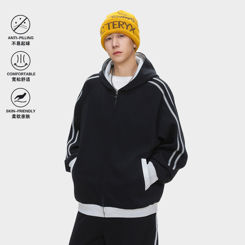Autumn new color-blocked striped sweatshirt jacket for men and women, trendy American-style sports loose casual couple's hooded cardigan