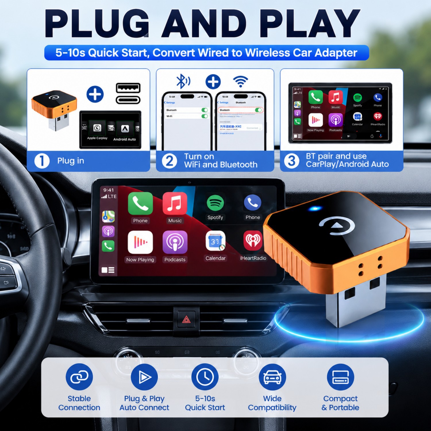 Cross-Border Hot-Selling Wired-To-Wireless Carplay Box Android Auto Two-In-One Car Connectivity Adapter