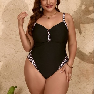 2024 New European and American Amazon Cross-Border Foreign Trade Large Size Pure Black Leopard Print One-Piece Slim Bikini Swimsuit for Women