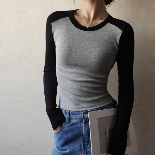 High-quality pure cotton crew-neck contrast-color raglan-sleeve base shirt for women—autumn layered look, slimming long-sleeve T-shirt top