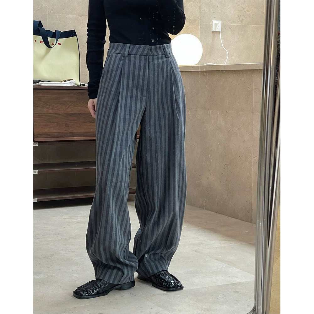 Осенне-зимние новые корейские текстурированные полосатые брюки в стиле ретро с высокой талией и широкими штанинами, свободные утягивающие миниатюрные женские брюки