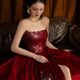 Toast dress bride off-shoulder tube top wine red sequined dress host party trailing high slit dress